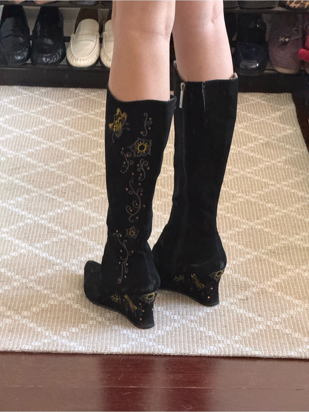 Donald Pliner Black Suede Embroidered Pointed-Toe Knee High Wedge Boots - Picture 2 of 7